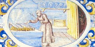 Mönch in der Klosterküche, Ofenkachel vom Ofen im Sommerrefektorium, Kloster Salem