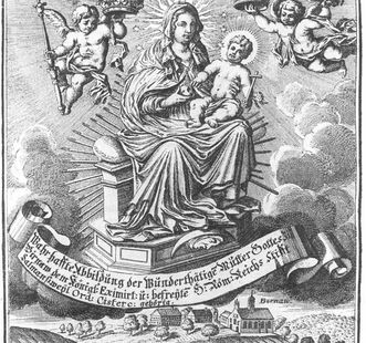 Darstellung des Gnadenbildes, darunter die Wallfahrtskapelle Alt-Birnau, aus dem „Apiarium Salemitanum“, 1708