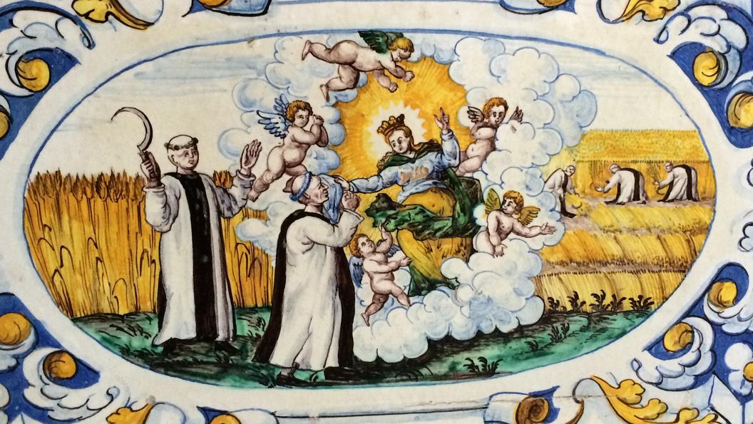 Kloster und Schloss Salem, Sommerrefektorium, Ofenkachel, Marienerscheinung während der Erntearbeit