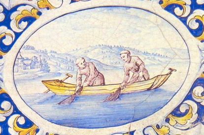 Detailansicht einer Malerei auf den Ofenkacheln im Sommerrefektorium von Kloster und Schloss Salem