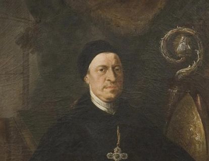 Porträt Abt Anselm Schwab in der Bibliothek von Kloster und Schloss Salem