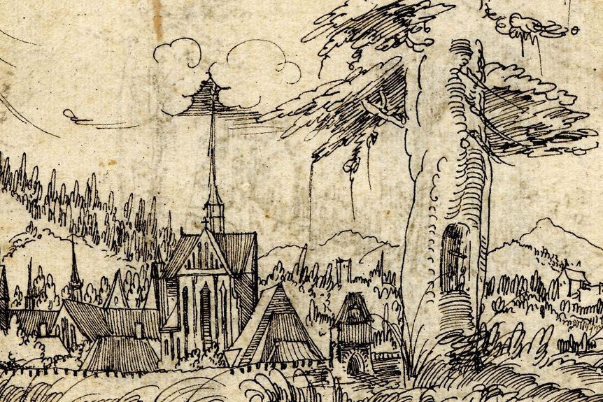 Kloster Salem, Klosterkirche und umliegende Gebäude als schwarz-weiße Zeichnung 