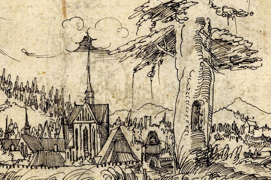 Kloster Salem, Klosterkirche und umliegende Gebäude als schwarz-weiße Zeichnung 