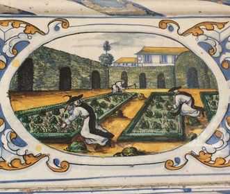 Detailansicht einer Malerei auf den Ofenkacheln im Sommerrefektorium von Kloster und Schloss Salem
