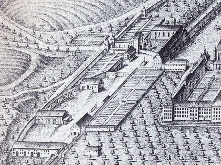 Kloster und Schloss Salem, Kupferstich von Göz & Klauber von 1738 nach einer Zeichnung von Johann Georg Brueder