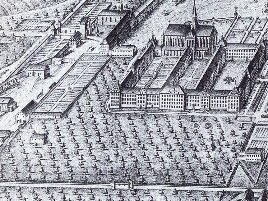 Kloster und Schloss Salem, Kupferstich von Göz & Klauber von 1738 nach einer Zeichnung von Johann Georg Brueder