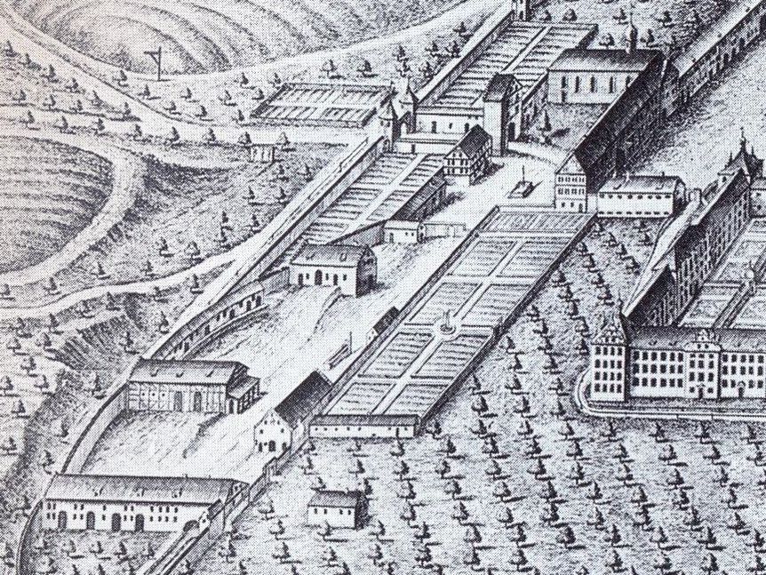 Kloster und Schloss Salem, Kupferstich von Göz & Klauber von 1738 nach einer Zeichnung von Johann Georg Brueder