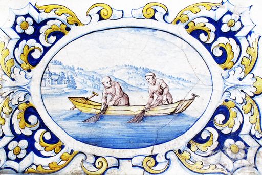 Kloster und Schloss Salem, Sommerrefektorium, Ofenkachel, Fischende Mönche